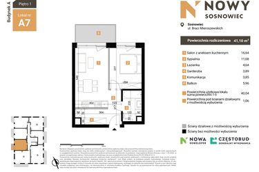 Rzut - Mieszkanie na sprzedaż 2 pokoje o powierzchni 41,1 m² - numer A7 w Nowy Sosnowiec