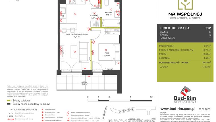 Rzut - Mieszkanie na sprzedaż 2 pokoje o powierzchni 36,53 m² - numer C61 w Na Wspólnej etap 2