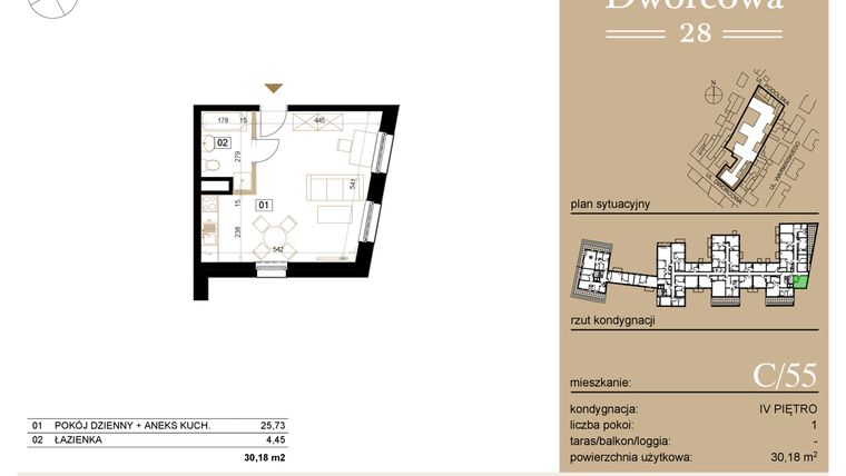 Rzut - Mieszkanie na sprzedaż 1 pokój o powierzchni 30,39 m² - numer C55 w Dworcowa 28