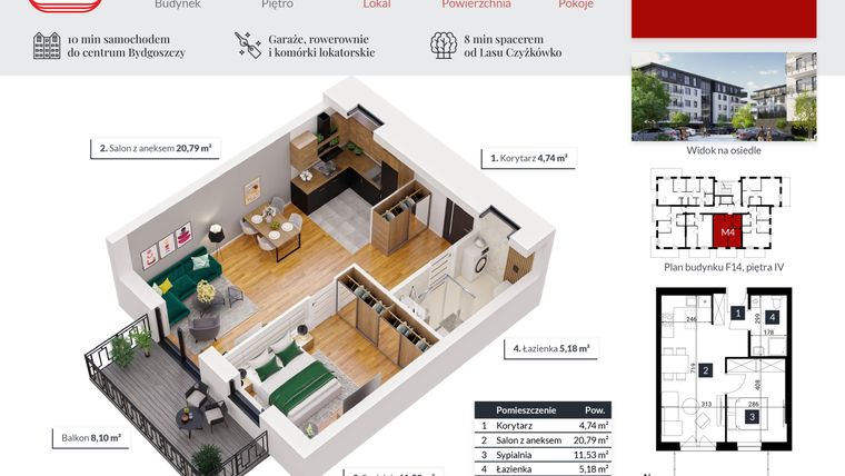 Rzut - Mieszkanie na sprzedaż 2 pokoje o powierzchni 42,24 m² - numer 22 w Tęczowy Zakątek F-14