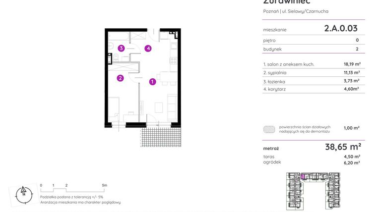 Rzut - Mieszkanie na sprzedaż 2 pokoje o powierzchni 38,65 m² - numer 2.A.0.03 w Murapol Zielony Żurawiniec