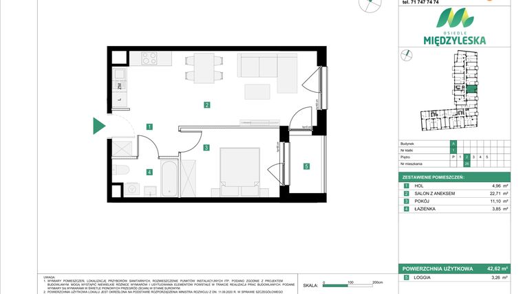 Rzut - Mieszkanie na sprzedaż 2 pokoje o powierzchni 42,62 m² - numer 26 w Osiedle Międzyleska - etap III
