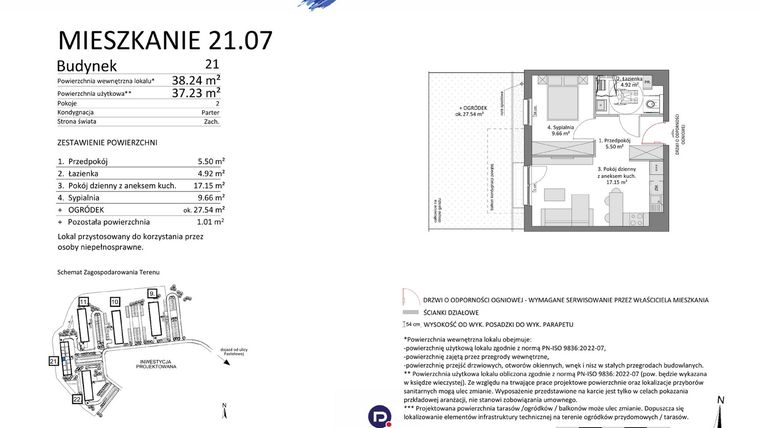 Rzut - Mieszkanie na sprzedaż 2 pokoje o powierzchni 37,23 m² - numer 21.07 w Osiedle Pastelowe etap IV