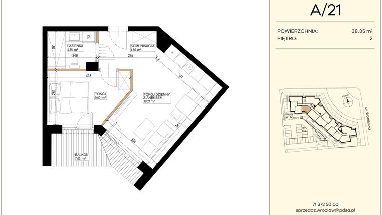 Rzut - Mieszkanie na sprzedaż 2 pokoje o powierzchni 38,35 m² - numer WA2/A/21 w Waniliowa