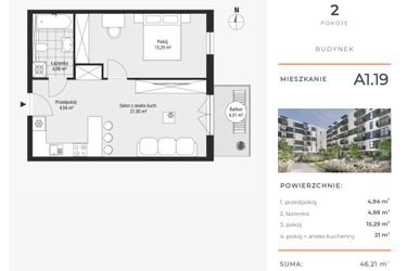Rzut - Mieszkanie na sprzedaż 2 pokoje o powierzchni 46,96 m² - numer A1.19 w Enklawa Bukowa