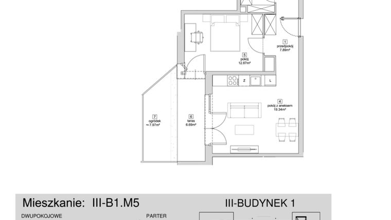 Rzut - Mieszkanie na sprzedaż 2 pokoje o powierzchni 48,77 m² - numer III-B1.M5 w Strefa Cegielnia 3