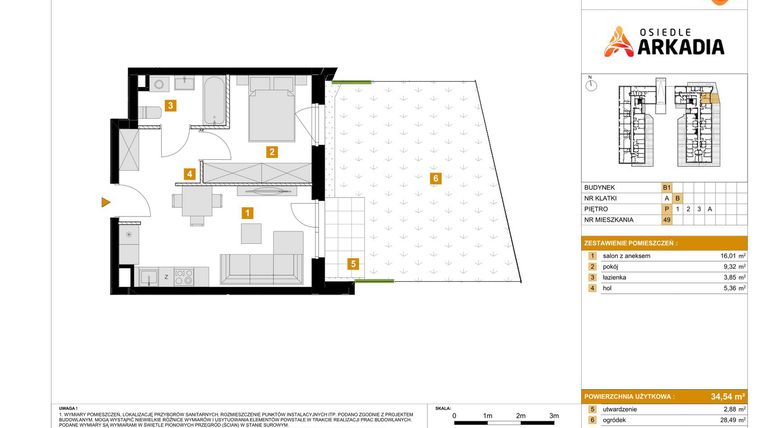 Rzut - Mieszkanie na sprzedaż 2 pokoje o powierzchni 34,54 m² - numer B1.49 w Osiedle Arkadia etap 2