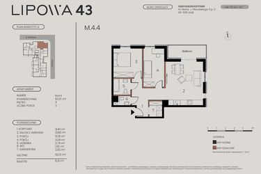 Rzut - Mieszkanie na sprzedaż 3 pokoje o powierzchni 62,13 m² - numer M.4.4 w Lipowa 43