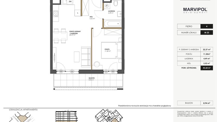 Rzut - Mieszkanie na sprzedaż 2 pokoje o powierzchni 43,68 m² - numer M23 w SENGERA 1