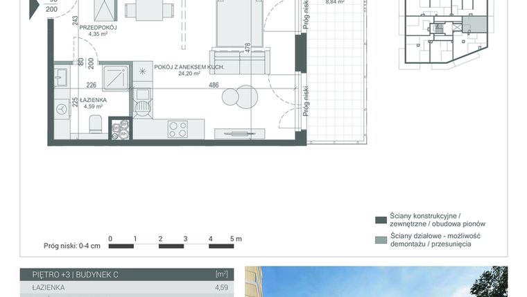 Rzut - Mieszkanie na sprzedaż 1 pokój o powierzchni 33,14 m² - numer 24 w Unikat Apartamenty C
