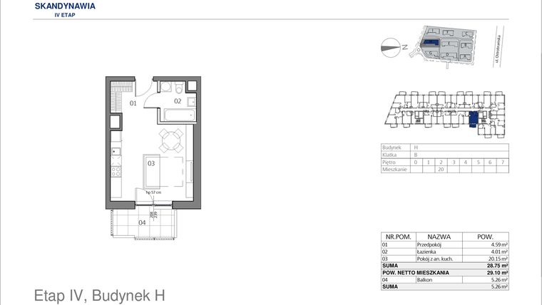 Rzut - Mieszkanie na sprzedaż 1 pokój o powierzchni 28,75 m² - numer HB0220 w Park Skandynawia V
