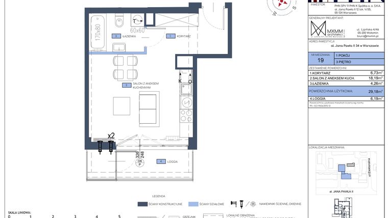 Rzut - Mieszkanie na sprzedaż 1 pokój o powierzchni 29,18 m² - numer 19 w Apartamenty Jana Pawła 34