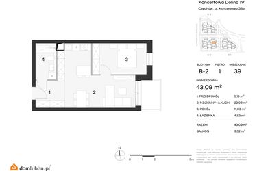 Rzut - Mieszkanie na sprzedaż 2 pokoje o powierzchni 43,09 m² - numer 39 w Koncertowa Dolina