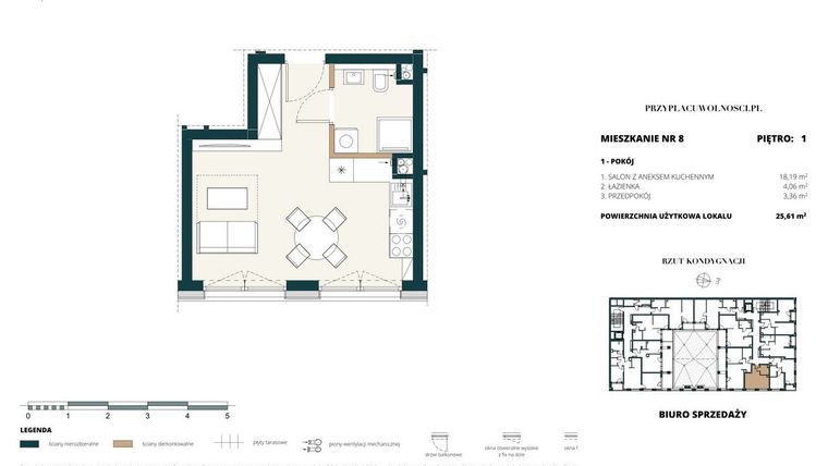 Rzut - Mieszkanie na sprzedaż 1 pokój o powierzchni 25,6 m² - numer 1. M8. w Przy Placu Wolności