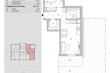 Rzut - Mieszkanie na sprzedaż 2 pokoje o powierzchni 45,19 m² - numer 94.0.01 w ATAL Bronowice