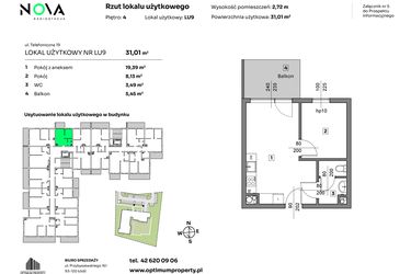 Rzut - Mieszkanie na sprzedaż 2 pokoje o powierzchni 31,01 m² - numer L.U.9 w Nova Radiostacja - apartamenty inwestycyjne