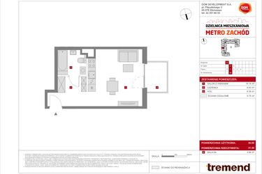 Rzut - Mieszkanie na sprzedaż 1 pokój o powierzchni 30,55 m² - numer D.46 w Dzielnica Mieszkaniowa Metro Zachód - etap 8.2