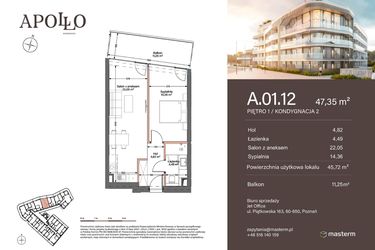 Rzut - Mieszkanie na sprzedaż 2 pokoje o powierzchni 45,72 m² - numer A.1.12 w Apollo Residence