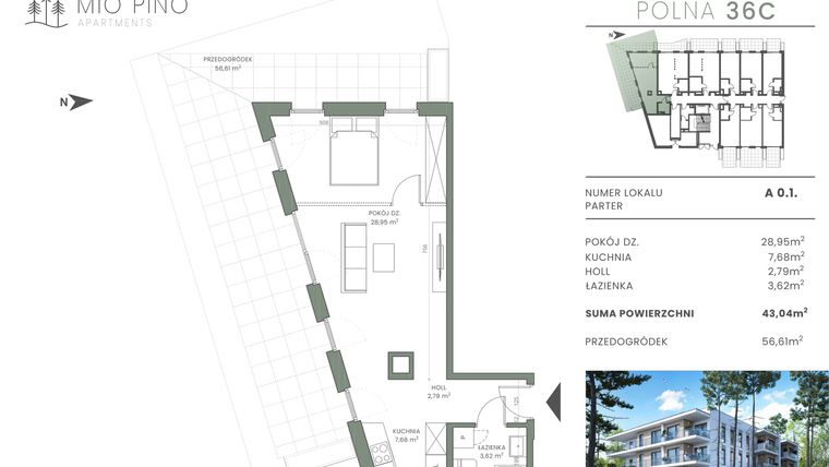 Rzut - Mieszkanie na sprzedaż 2 pokoje o powierzchni 43,04 m² - numer 0.1 w Mio Pino