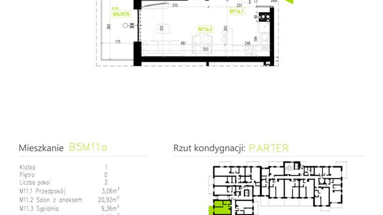 Rzut - Mieszkanie na sprzedaż 2 pokoje o powierzchni 39,59 m² - numer B5M11a w Osiedle Natura Park etap II