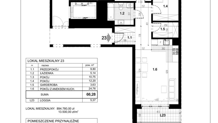 Rzut - Mieszkanie na sprzedaż 3 pokoje o powierzchni 66,28 m² - numer A.23 w Przewóz 4