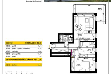 Rzut - Mieszkanie na sprzedaż 3 pokoje o powierzchni 63,6 m² - numer B 3.05 w Park Moniuszki II C