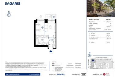 Rzut - Mieszkanie na sprzedaż 1 pokój o powierzchni 30,54 m² - numer AA0101 w Niedziałkowskiego Park