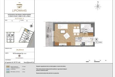 Rzut - Mieszkanie na sprzedaż 1 pokój o powierzchni 26,83 m² - numer A8 w Lipowa 45