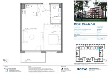 Rzut - Mieszkanie na sprzedaż 2 pokoje o powierzchni 44,39 m² - numer RR/5/F/2/1 w Royal Residence 5