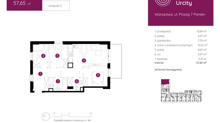 Rzut - Mieszkanie na sprzedaż 3 pokoje o powierzchni 57,65 m² - numer 2.B.1.05 w Murapol Urcity