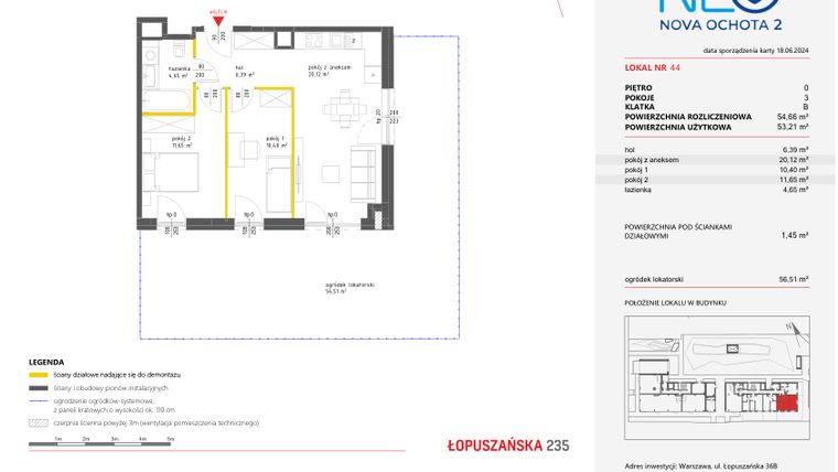 Rzut - Mieszkanie na sprzedaż 3 pokoje o powierzchni 54,66 m² - numer 44 w Neo Nova Ochota 2