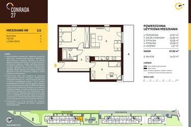Rzut - Mieszkanie na sprzedaż 3 pokoje o powierzchni 67,99 m² - numer B.111 w Conrada 27