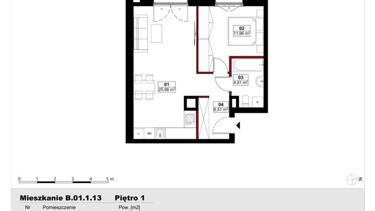 Rzut - Mieszkanie na sprzedaż 2 pokoje o powierzchni 49,26 m² - numer B01.1.13 w Skwer Witosa
