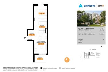 Rzut - Mieszkanie na sprzedaż 2 pokoje o powierzchni 44,93 m² - numer 3D.53 w Zenit III