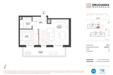 Rzut - Mieszkanie na sprzedaż 2 pokoje o powierzchni 48,93 m² - numer B.1.1 w Drucianka Wschodnia