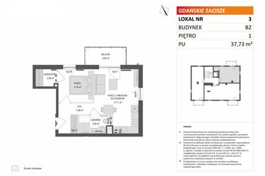 Rzut - Mieszkanie na sprzedaż 2 pokoje o powierzchni 37,73 m² - numer B2.3 w Gdańskie Zacisze