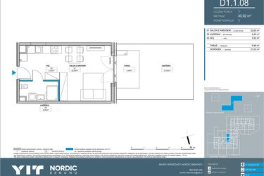 Rzut - Mieszkanie na sprzedaż 1 pokój o powierzchni 30,92 m² - numer D1.1.08 w Nordic Bemowo - etap IV