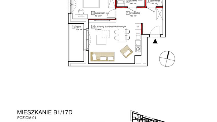 Rzut - Mieszkanie na sprzedaż 2 pokoje o powierzchni 50,6 m² - numer B1.17D w Francuska Park VII