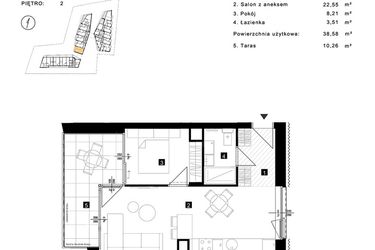 Rzut - Mieszkanie na sprzedaż 2 pokoje o powierzchni 38,58 m² - numer B.2.14 w Cisha Apartamenty Dziwnów