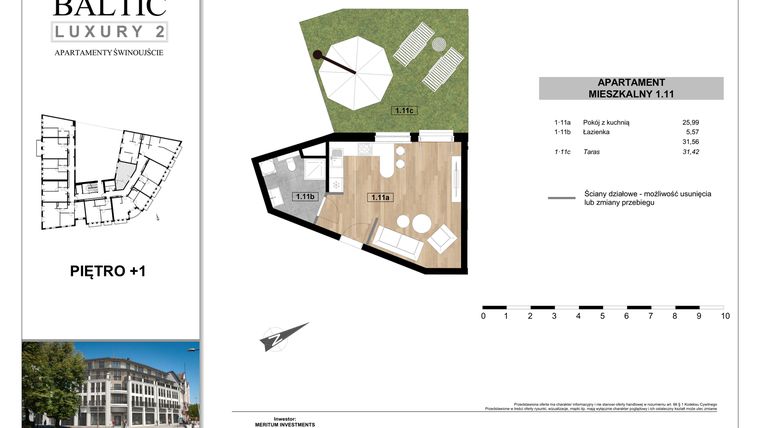 Rzut - Mieszkanie na sprzedaż 1 pokój o powierzchni 31,56 m² - numer 1.11 w Baltic Luxury 2