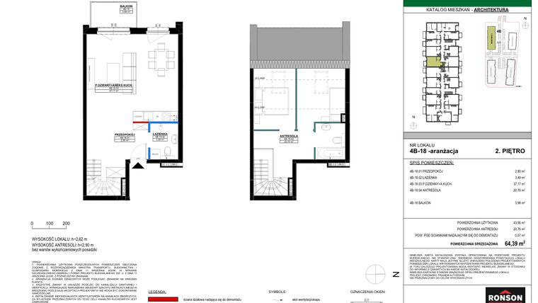 Rzut - Mieszkanie na sprzedaż 3 pokoje o powierzchni 63,95 m² - numer 4B_18 w Nowa Północ etap 2
