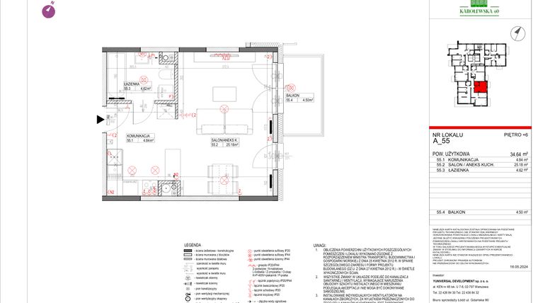 Rzut - Mieszkanie na sprzedaż 1 pokój o powierzchni 34,64 m² - numer A.55 w Karolewska 60
