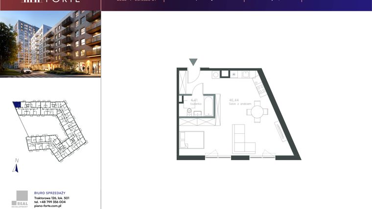 Rzut - Mieszkanie na sprzedaż 1 pokój o powierzchni 50,85 m² - numer A.2.15 w Piano