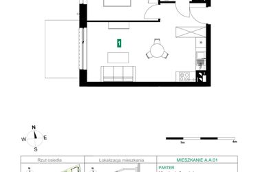 Rzut - Mieszkanie na sprzedaż 2 pokoje o powierzchni 42,54 m² - numer A.A.01 w Park Śliwowa