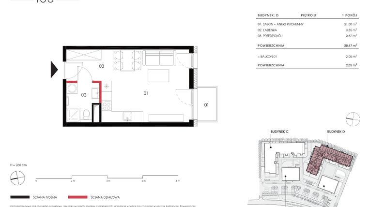 Rzut - Mieszkanie na sprzedaż 1 pokój o powierzchni 28,47 m² - numer D 3.02 w Naramowicka 100