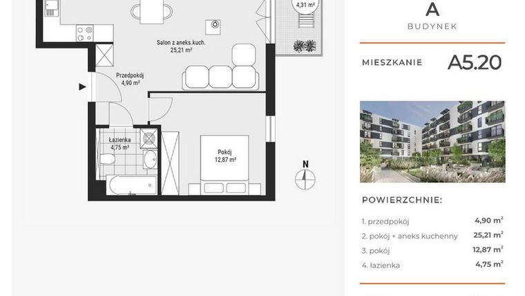 Rzut - Mieszkanie na sprzedaż 2 pokoje o powierzchni 47,75 m² - numer A5.20 w Enklawa Bukowa