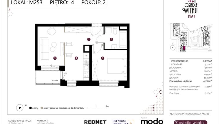 Rzut - Mieszkanie na sprzedaż 2 pokoje o powierzchni 43,11 m² - numer M253 w Osiedle Witaj etap II