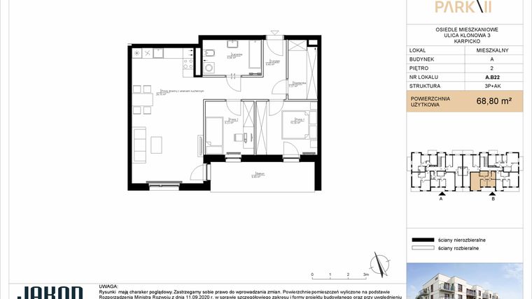 Rzut - Mieszkanie na sprzedaż 3 pokoje o powierzchni 68,8 m² - numer A.B22 w Merano Park II