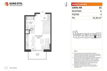 Rzut - Mieszkanie na sprzedaż 1 pokój o powierzchni 31,4 m² - numer A21 w Osiedle Warszawska etap IV
