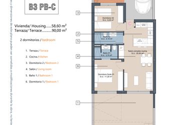 Rzut - Mieszkanie na sprzedaż 2 pokoje o powierzchni 58,6 m² - numer 0-PB-C w Apartamenty w Los Alcázares - 49717964